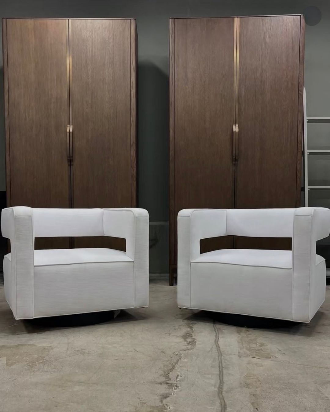 Contemporary U-Shaped Fabric Swivel Accent Chair & Walnut Finish Tall Cabinet-1