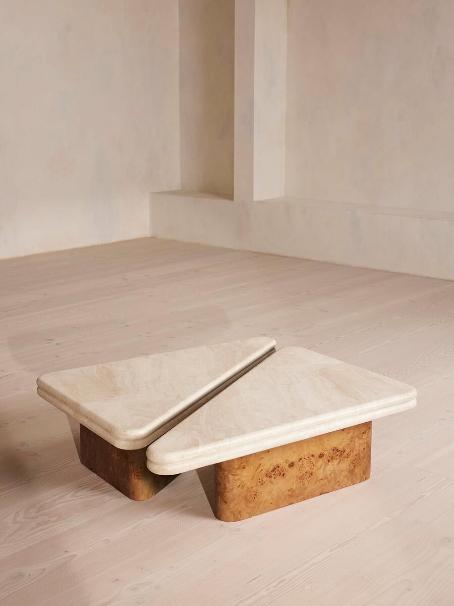 Gia Split Travertine Coffee Table | Burl Wood Base Organic Shape Nesting Tables1