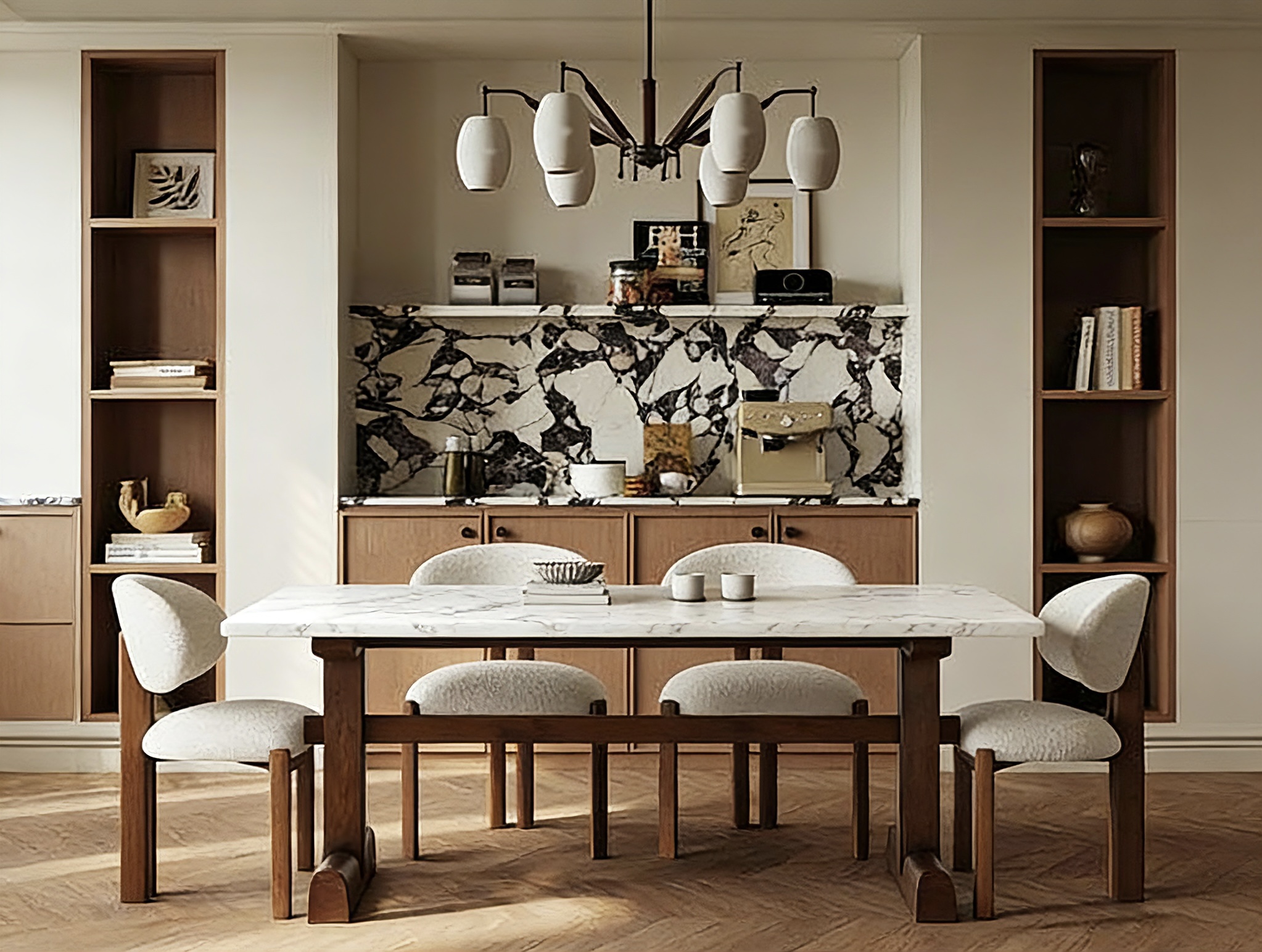 Marble Top Dark Wood Khodier Dining Table – Modern Classic Luxury